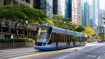 Obraz premium Modern Tram Gliding Through Urban Streets Surrounded by Skyscrapers and Lush Green Trees in a Bustling City