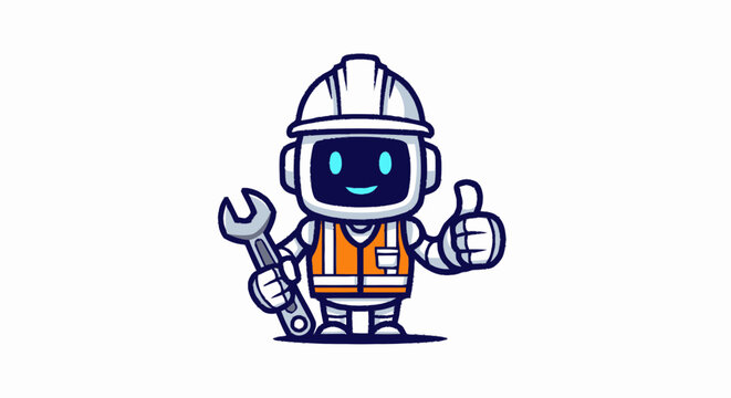 Cute cartoon robot construction worker holding a wrench and giving a thumbs up.