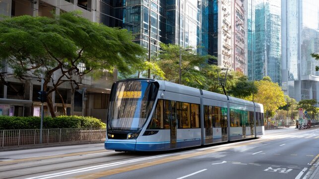 Modern Tram Gliding Through Urban Streets Surrounded by Skyscrapers and Lush Green Trees in a Bustling City