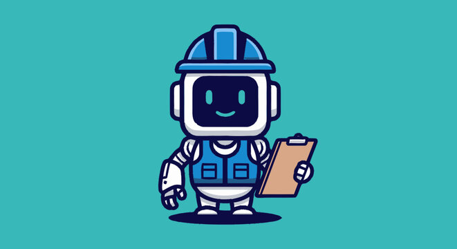 Cute cartoon robot construction worker holding a clipboard.