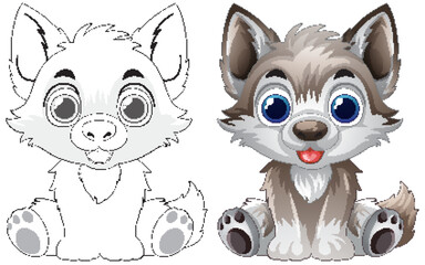 Fototapeta premium Cute Cartoon Wolf Cub Vector Illustration with Coloring Page Version