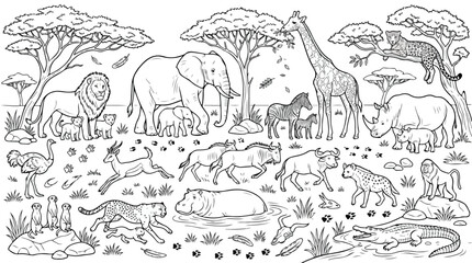 Fototapeta premium African safari animals coloring page vector, wild savanna wildlife landscape with lion elephant and giraffe, black and white outline animal scene