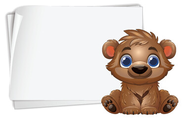 Cute Cartoon Brown Bear Cub Sitting Next to Blank White Paper © GraphicsRF