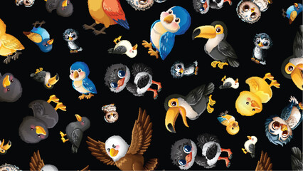 Fototapeta premium Seamless Pattern of Cute Cartoon Birds on a Black Background