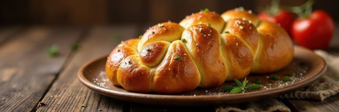 Golden braided challah, Sabbath Kiddush setup , braided, top view, golden