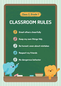 Cute Classroom Rules Poster Design with Blackboard and Cartoon Characters for Elementary School