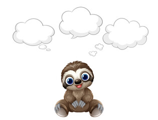 Fototapeta premium Cute Cartoon Sloth Character Thinking with Blank White Speech Bubbles