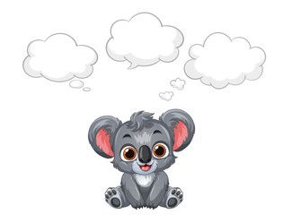 Fototapeta premium Cute Cartoon Koala Character with Blank Thought Bubbles Vector Illustration