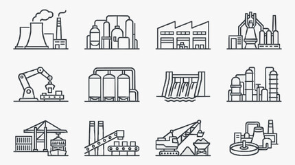 Fototapeta premium Dynamic Black and White Line Icons Set Featuring Various Industrial and Manufacturing Equipment and Facilities