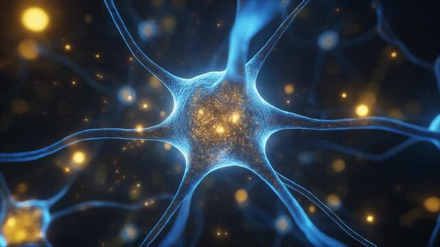 Cinematic 3D loop of glowing AI neural network with blue and gold data particles