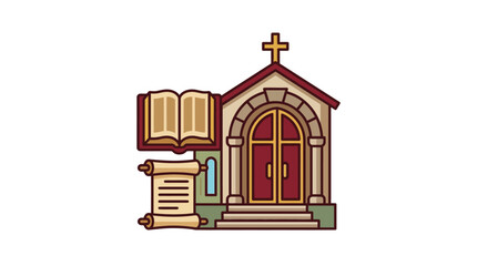 Obraz premium A stylized illustration of a church building featuring an open book and a scroll.