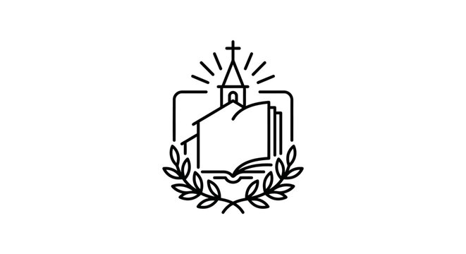 Minimalist line art logo featuring an open book and a church steeple.
