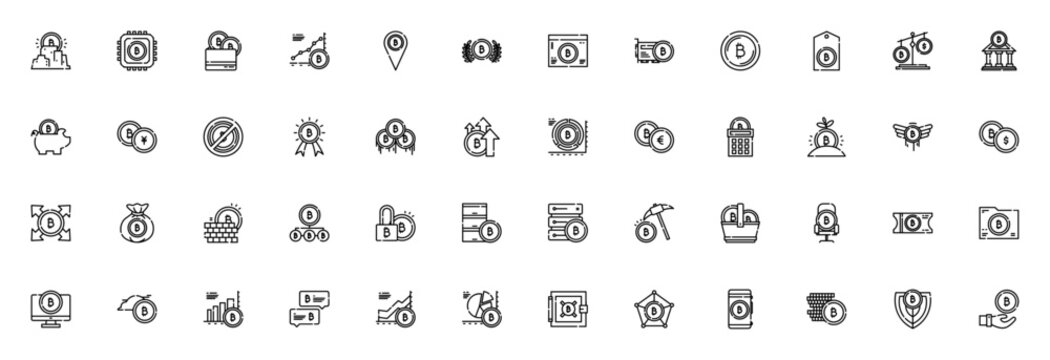 Bitcoin icon set. Cryptocurrency vector icons pack. Minimalist line art. Includes symbols for bitcoin, wallet, profits, exchange, bank, piggy bank, calculator, money bag, folder, safebox, chart and mo