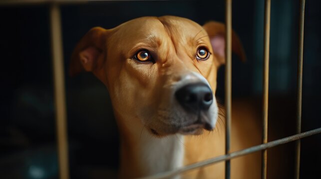 Thoughtful Dog in Cage, Looking Through Bars with Hopeful Eyes, Captured in Soft Natural Light