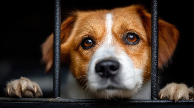 Cute Beagle Dog Looking Through Bars with Hopeful Expression in a Shelter Environment