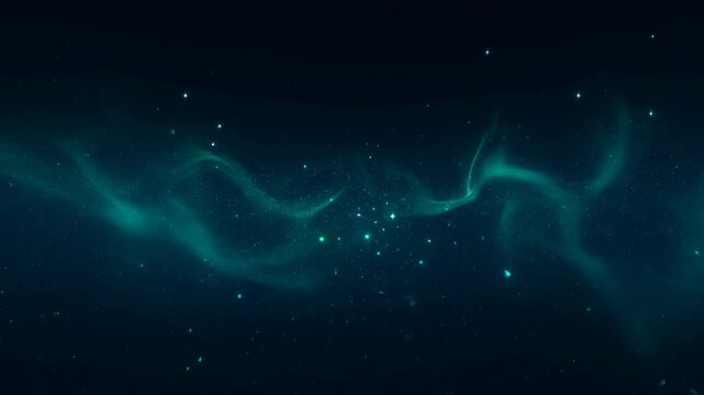 Aurora night sky abstract festive background with glowing star field, teal light wave, teal flare, festive new year christmas space glow, dark blue nebula, star light wave