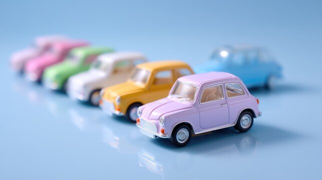 Colorful Toy Cars in a Row on Light Blue Background with Reflective Surface for Creative Projects