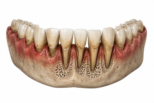Human lower jaw model showing severe periodontitis gum disease with receding gums and exposed roots, 3D medical illustration.