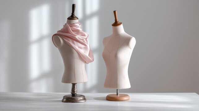 Elegant Tailoring Stand with Soft Pink Scarf Displayed in Modern Studio Lighting