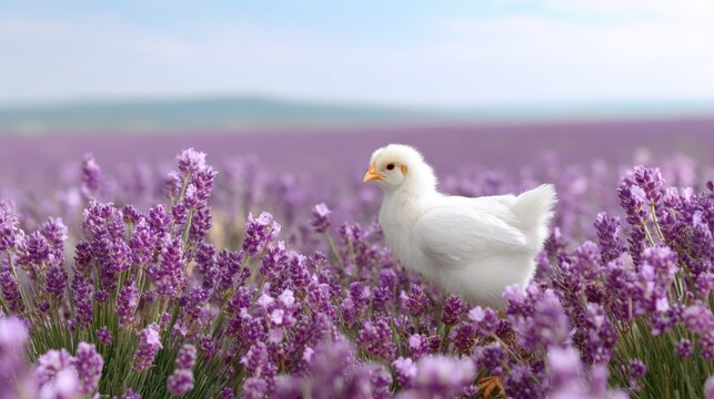 White Chick Enjoying a Serene Lavender Field on a Bright Spring Day with Soft Blue Sky Above