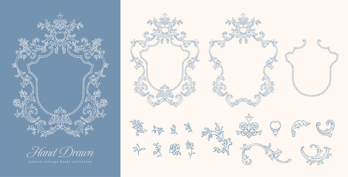 Vintage Baroque Frame and Luxury Floral Elements Set, Hand Drawn Engraving Ornaments for Wedding Invitation, Logo Design, and Elegant Border Vector Illustration