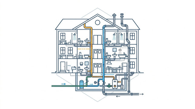 Cross section of a residential building showing different floors and rooms.