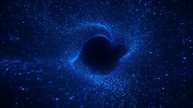 Blue star field around dark void with new year christmas flare glow and deep space motion, blue space vortex glowing ring star field cosmic tunnel deep dark abstract mystery, blue particle vortex
