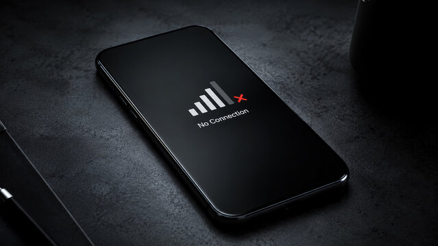 A smartphone displays a "No Connection" message with a signal bar icon and a red "X" on a dark textured surface.