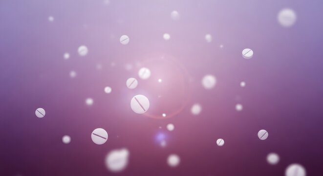 White medical pills floating on purple background. Pharmaceutical treatment and drug therapy. Healthcare concept for veterinary medication, pet care, disease prevention and recovery.