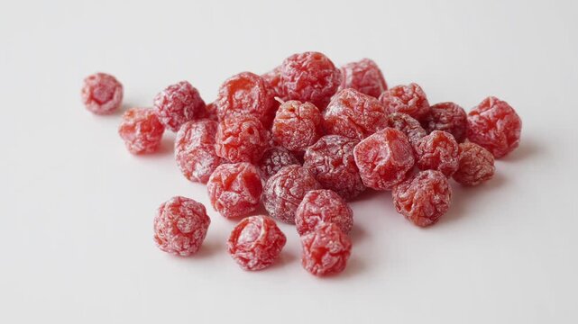 Close-up shot of a heap of dried red plums on a clean white background. This detailed view highlights the sweet and sour preserved fruits popular as snacks.