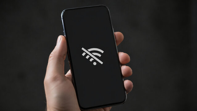 A hand holds a smartphone displaying a no Wi-Fi connection icon on the screen against a dark background.
