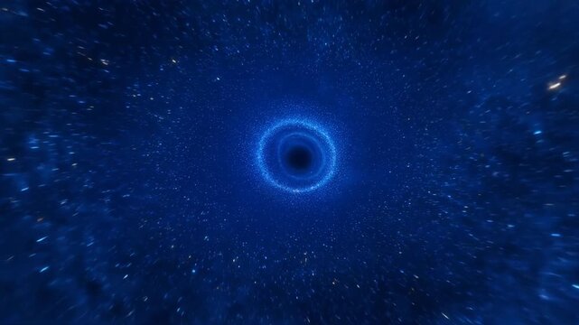Blue space vortex with new year christmas flare, dark center glow, blue particle ring, glowing circular light, abstract cosmic motion, glowing star dust field, festive winter background