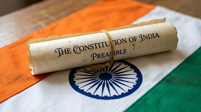 Close up shot of rolled constitution document on national flag with emblem in bright light