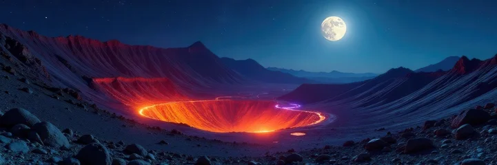 Etna's volcanic crater, moonlit, resembling a Martian scene , dramatic, barren © Theerawat