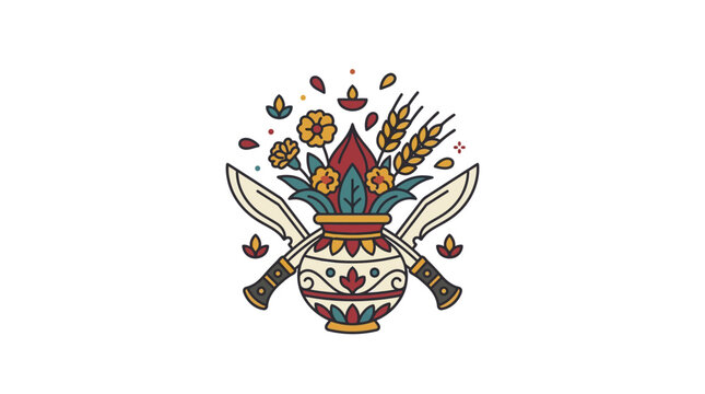 Traditional Nepali Dashain festival illustration featuring a decorated kalash pot and crossed khukuri knives.