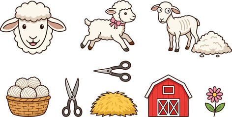 Cute sheep farm vector icon set featuring woolly lamb head jumping ewe sheared sheep yarn basket clippers scissors hay bale and red barn © MdMahfizur