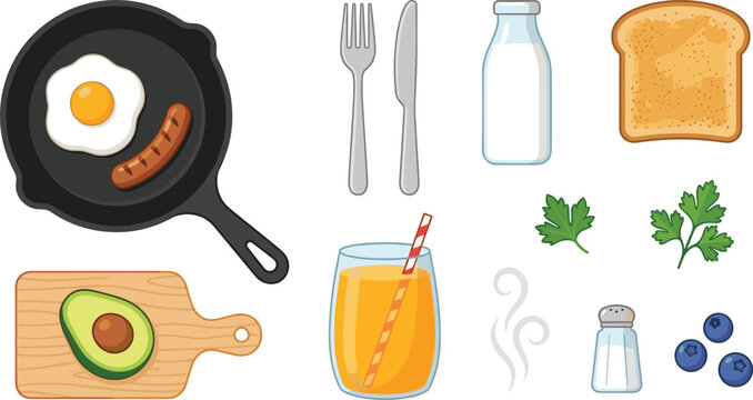 Breakfast food vector icon set featuring fried egg and sausage in skillet pan avocado toast milk bottle juice glass fork knife and blueberries