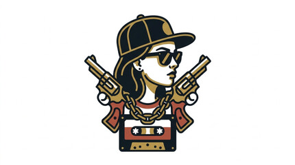 Obraz premium Retro cartoon woman with guns and cassette tape.