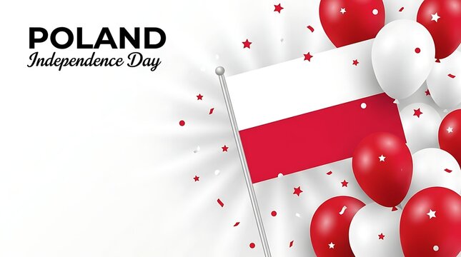 Polish flag colors celebration with red and white balloons and confetti on white background