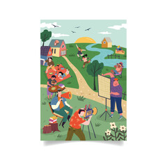 Fototapeta premium Community Storytelling with Filmmaking Activities Flat Vector Illustration
