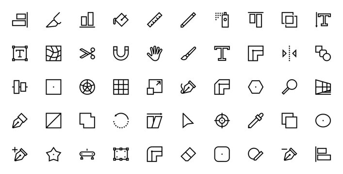 Vector editing tools icon set. Minimal line icons pack. Featuring right alignment, cut, center alignment, paint bucket, ruler, pencil, merge and more. Editable vector stroke.