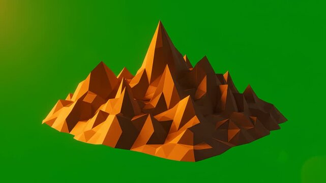 Abstract low poly orange mountain peaks isolated on green screen. Digital 3D terrain geometric landscape animation.