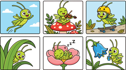 Cute grasshopper cartoon character vector illustration set featuring cricket flying playing violin skateboarding sleeping on flower and drinking nectar © MdMahfizur