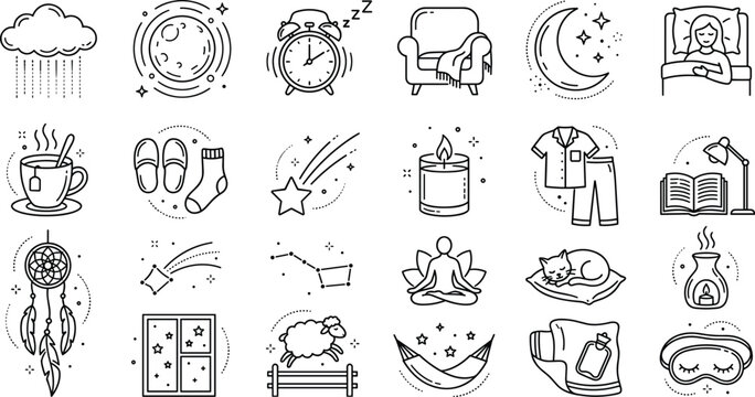 Sleep and healthy night routine line art icons vector illustration set for relaxation
