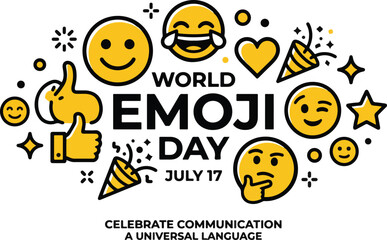 Naklejka premium World Emoji Day 2026 A Clean Yellow and Black Line Art Illustration Celebrating Communication as a Universal Language on July 17