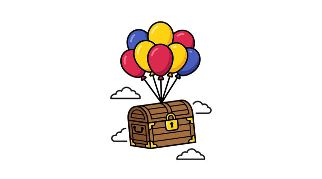 Treasure chest with colorful balloons floating.