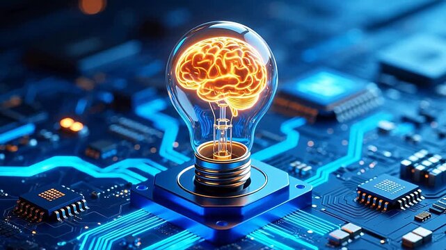 Glowing golden brain bulb on circuit board