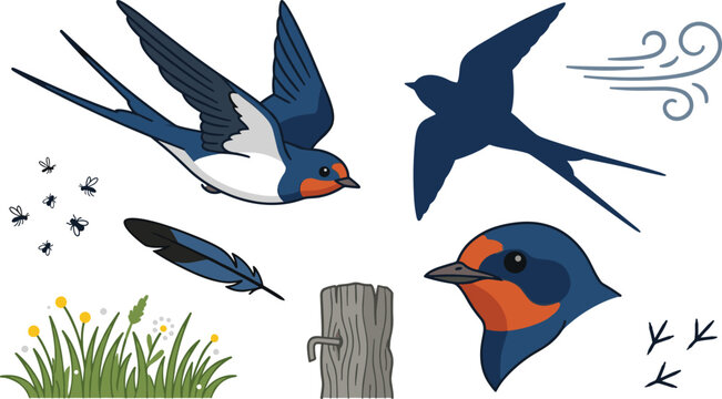 Barn swallow vector icon set featuring flying bird silhouette profile head feather insects wind gusts green grass field and wooden fence post
