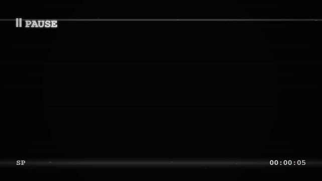 old vhs tape recorder, pause screen interface, retro media player overlay, timecode display, vintage technology, static noise, glitch effect
