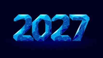 2027 New Year Number. Low Poly Blue Glowing Poster Business Technology. Calendar Celebrate Gift Decoration Card Vector Illustration © LuckyStep